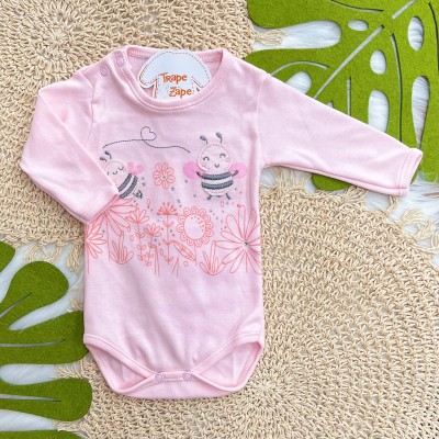 Kit 3 Peças - Bodys Manga Longa Abelha Fofa com Tule - Rosa, Off White e Rose